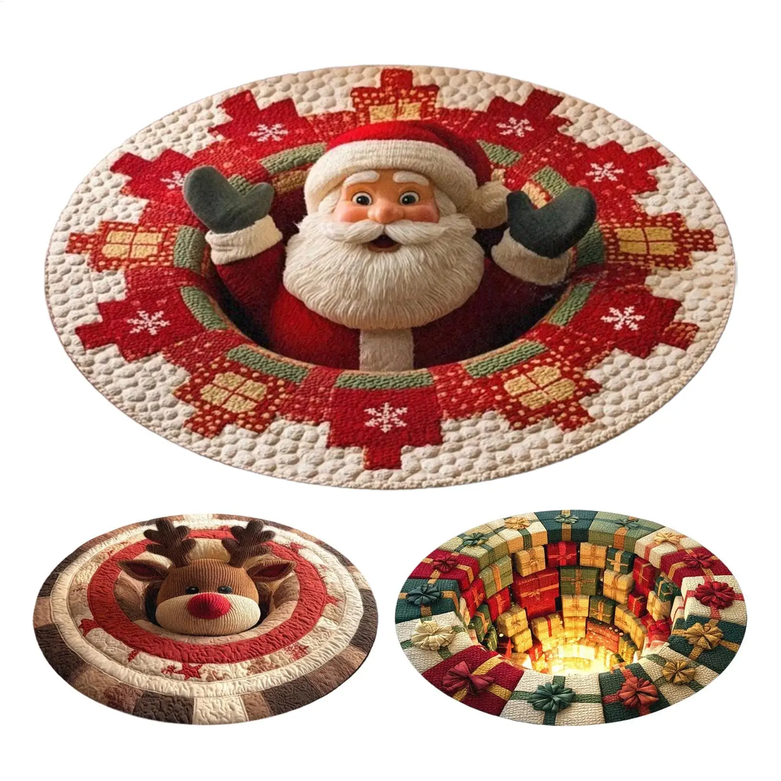 Christmas Santa 3D Round Rug Printed Illusion Carpet Holiday Decoration Xmas Tree Living Room Santa Xmas Decor Xmas Holiday Rug