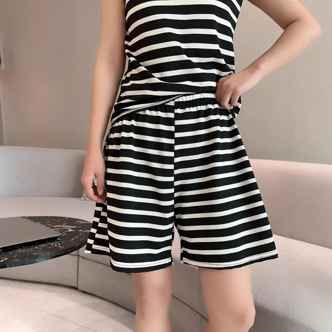 검은 흰색 줄무늬 반바지 여성 느슨한 맞는 짧은 바지 높은 허리 여름 잠옷 반바지 컴포트 의류