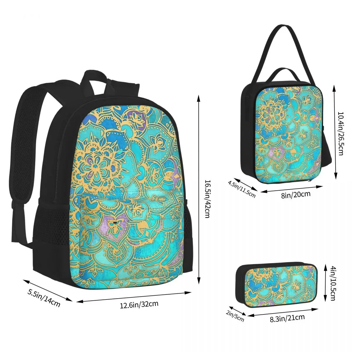 Sapphire & Jade Stained Glass Mandalas Backpacks Children Bookbag School Bags Rucksack Lunch Bag Pen Bag Three-Piece Set