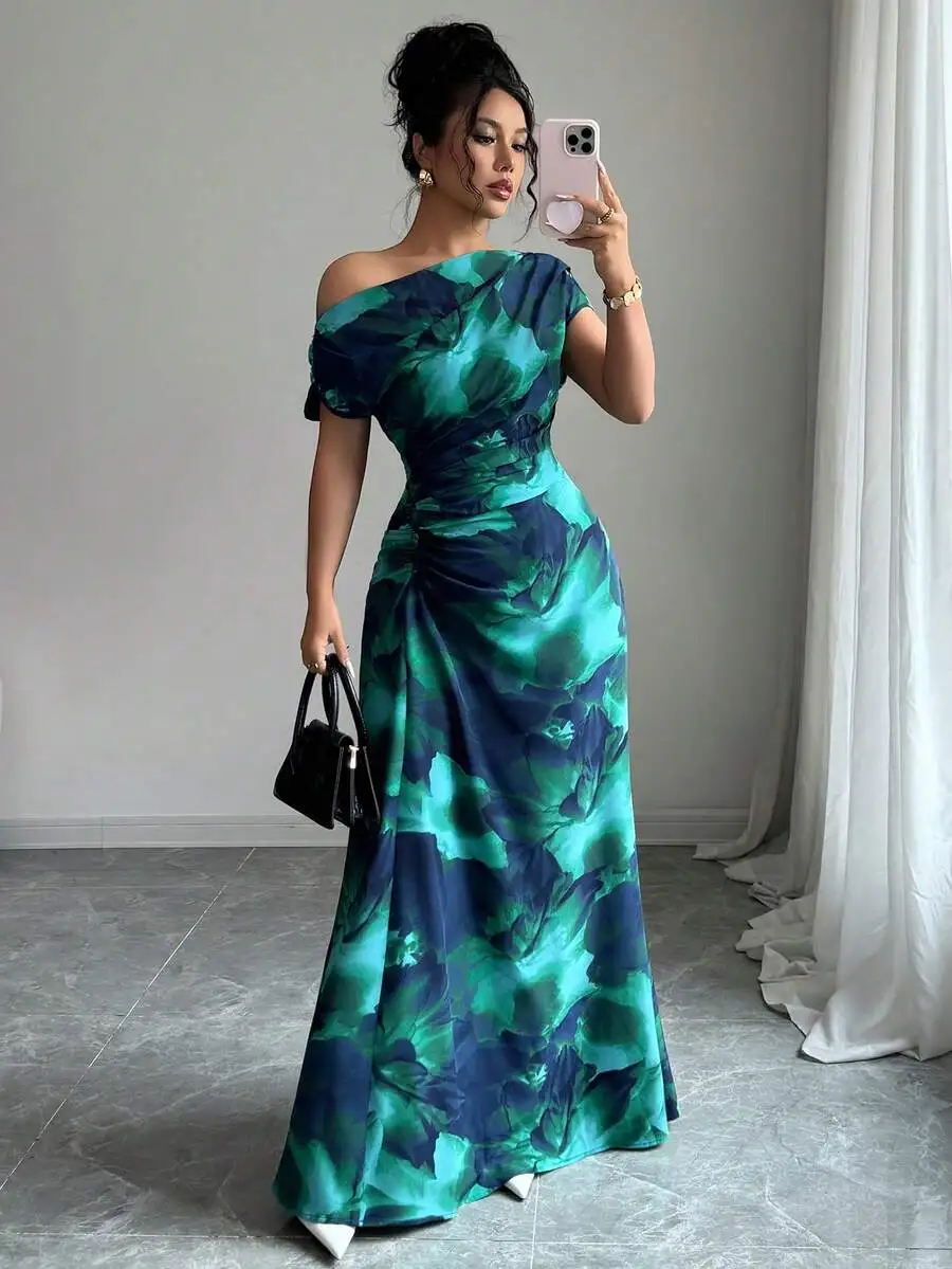 

Women Minimalist Printed Asymmetrical Shoulder Waist Ruched Dress