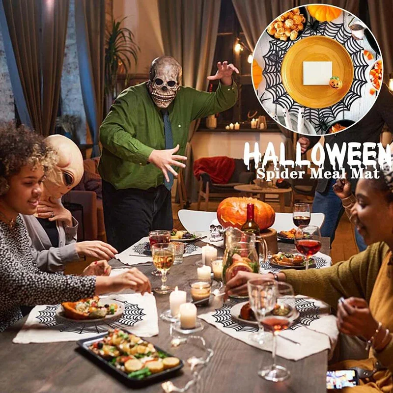 5PCS- Halloween Round Spider Web Table Mat + Coaster Set, Hollowed-out Anti-slip Home Heat Insulation Pad