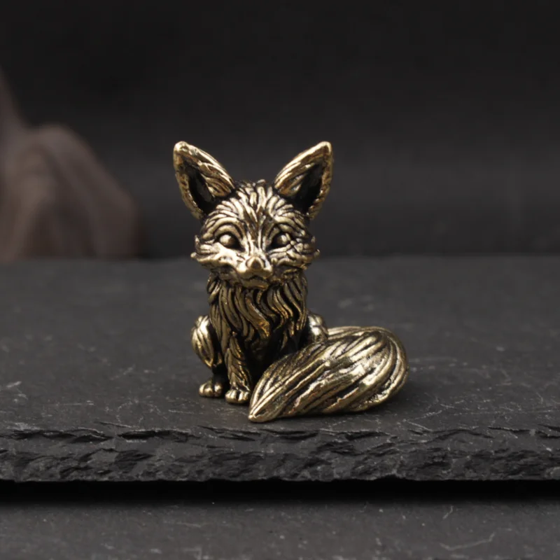 1pc Vintage Brass Fox Statue Cute Fox Miniature Figurines Desk Ornament Decorations Copper Animal Sculpture Home Decor Crafts
