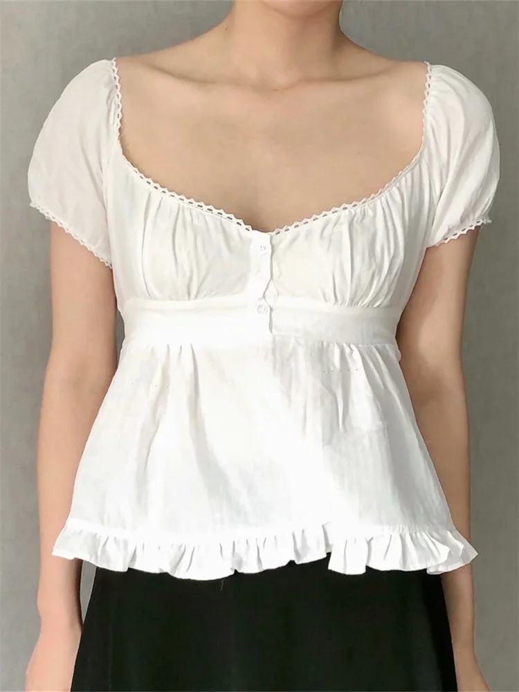 Summer Women Chic Vintage Lace Blouses Puff Short Sleeve Square Neck Ruffle Shirts Chic Blouse 00s Retro Streetwear