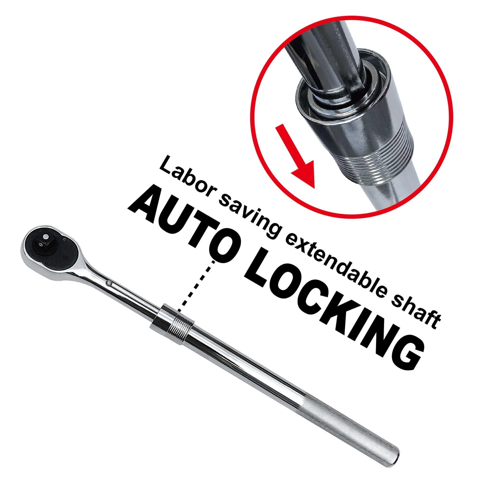 3/4" Drive Extendable Ratchet Handle, Extends 19.5in to 30.5in, Quick Release, 24-Tooth, with 8-Inch Extension Bar