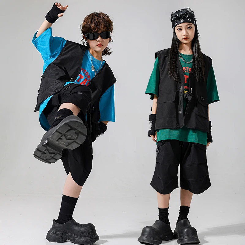 Boys Streetwear Clothing Girls Hip Hop Solid Vest Tshirt Cargo Shorts Kids Street Dance Clothes Sets Children Jazz Cool Costumes