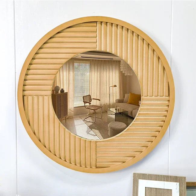 

60cm Farmhouse simple indoor wall hanging big wooden frame mirrors large round bamboo wall mirror
