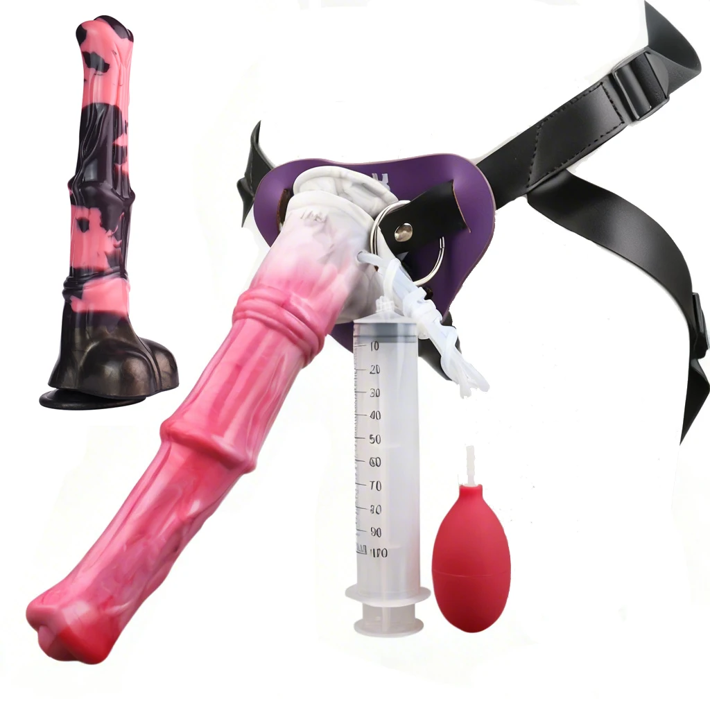 FAAK Pink Strapon Grande Schizzo Fantasy Cavallo Pene Silicone Eiaculazione Dildo Con Ventosa Imbracatura Giocattoli Del Sesso Anale Per Le Donne Degli Uomini