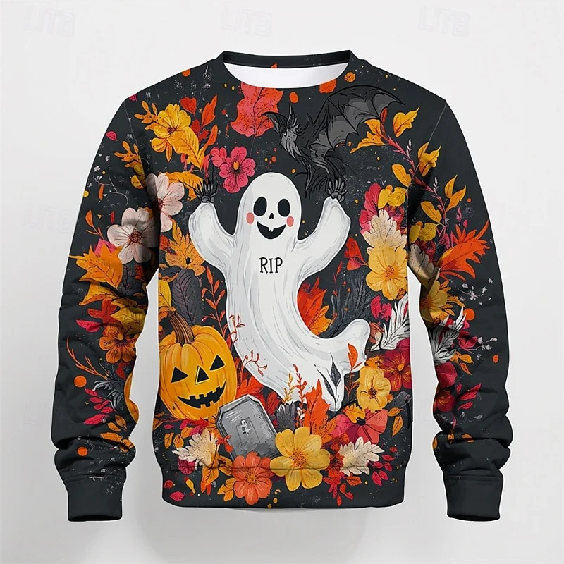 Halloween Pumpkin Men's Printed Pattern Classic Casual 3D Pullover Sweatshirt Holiday Fashion Thin Long Sleeve