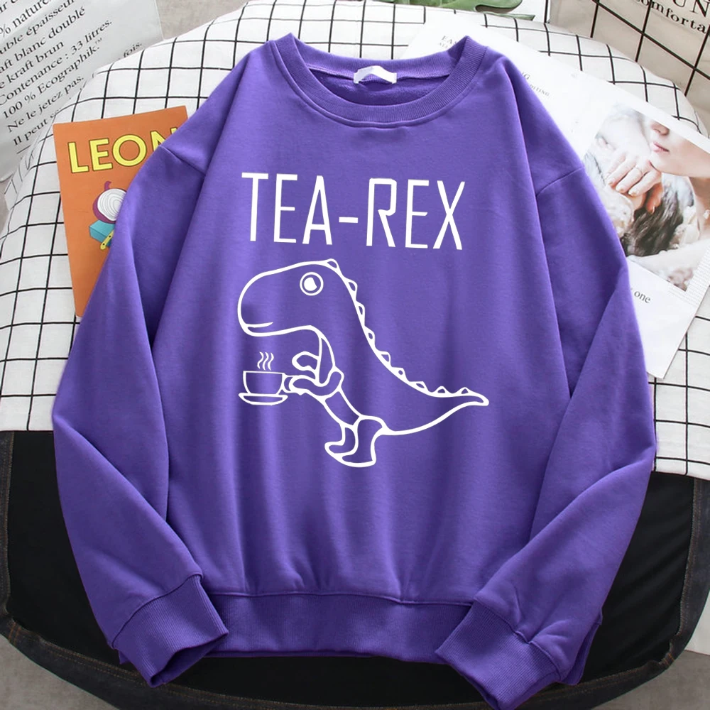 Street Trend Women\'S Sweatshirt Tea Rex Funny Dinosaur Drink Coffee Print Hoodies Loose Warm Pullovers Crewneck Fleece Clothes