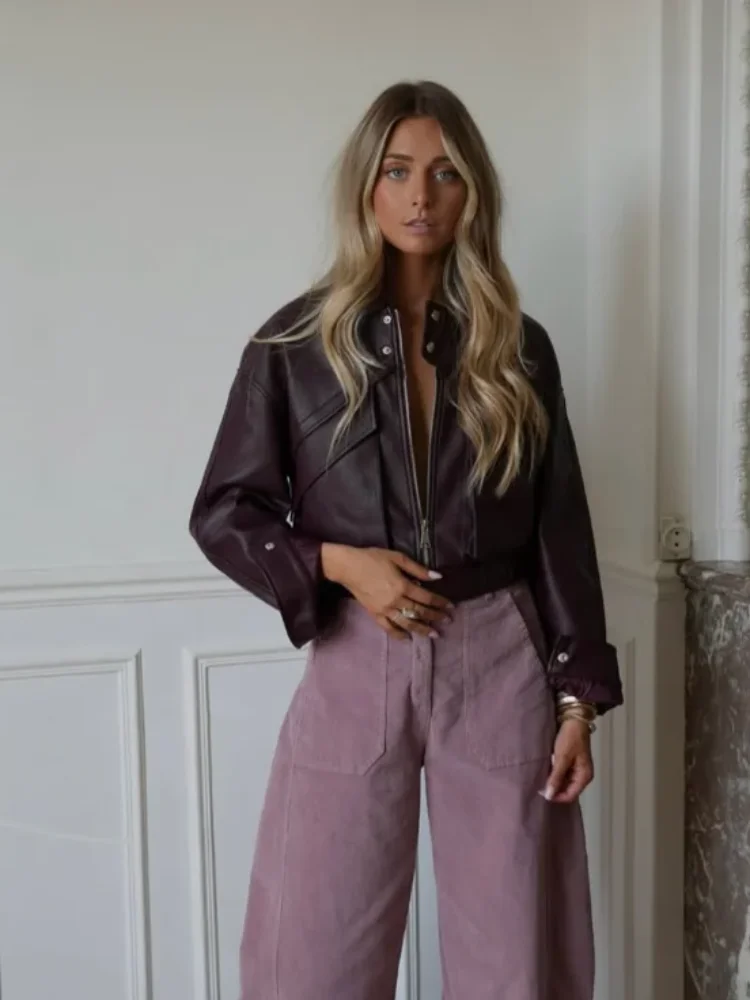 

Повседневная женская укороченная кожаная короткая куртка на молнии, шикарное свободное пальто с длинными рукавами и карманами на пуговицах, осень 202, женская уличная верхняя одежда