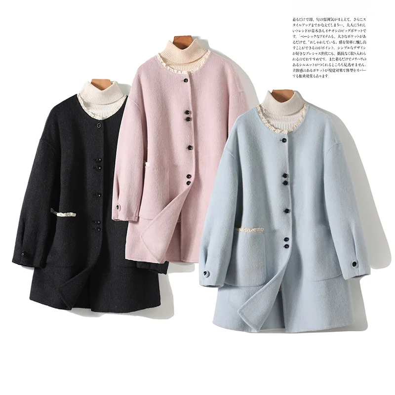 

Молодежное двустороннее шерстяное пальто с кружевной строчкой, молодежное корейское пальто средней длины, круглое Ne Long Sve, однотонное пальто