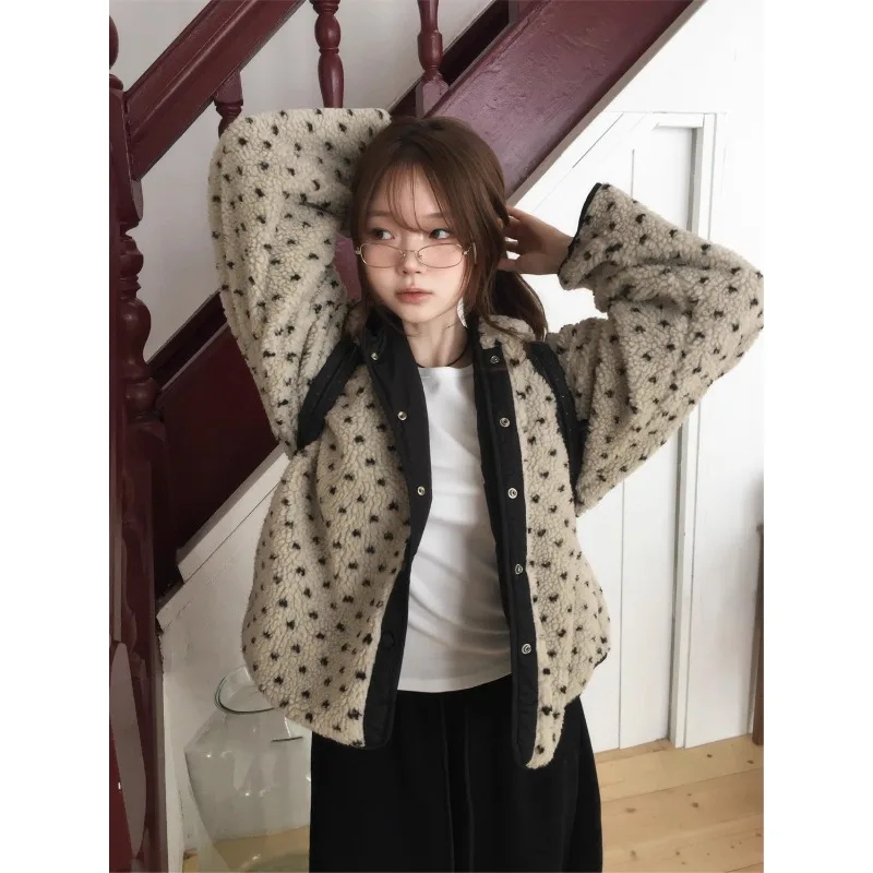 Japanese Korean Retro Love Little Lamb Wool Hooded Cotton Autumn Winter Chic Stand Up Collar Single Breasted Loose Coats