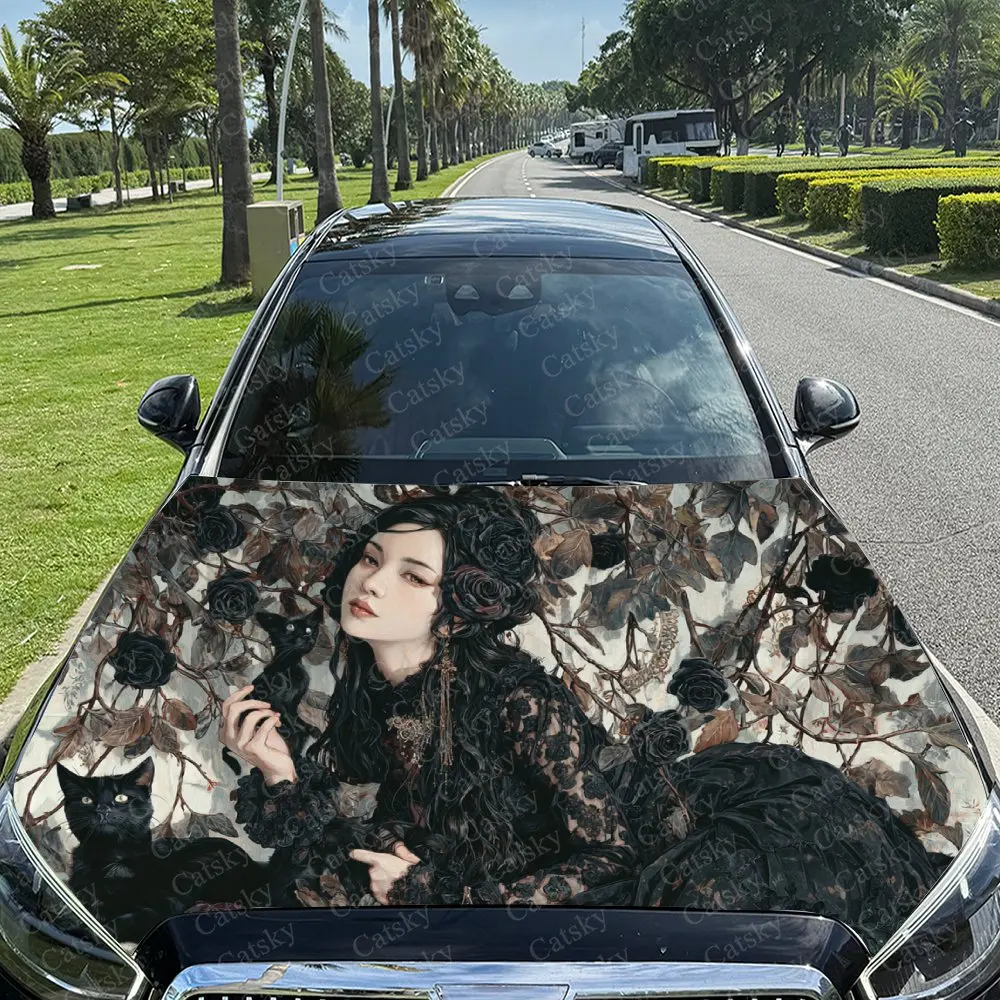 Black Cat Girl & Flower Vines Car Vinyl Wrap, PVC Material Waterproof Car Hood Sticker, Self-Adhesive Scratch-Resistant Stickers