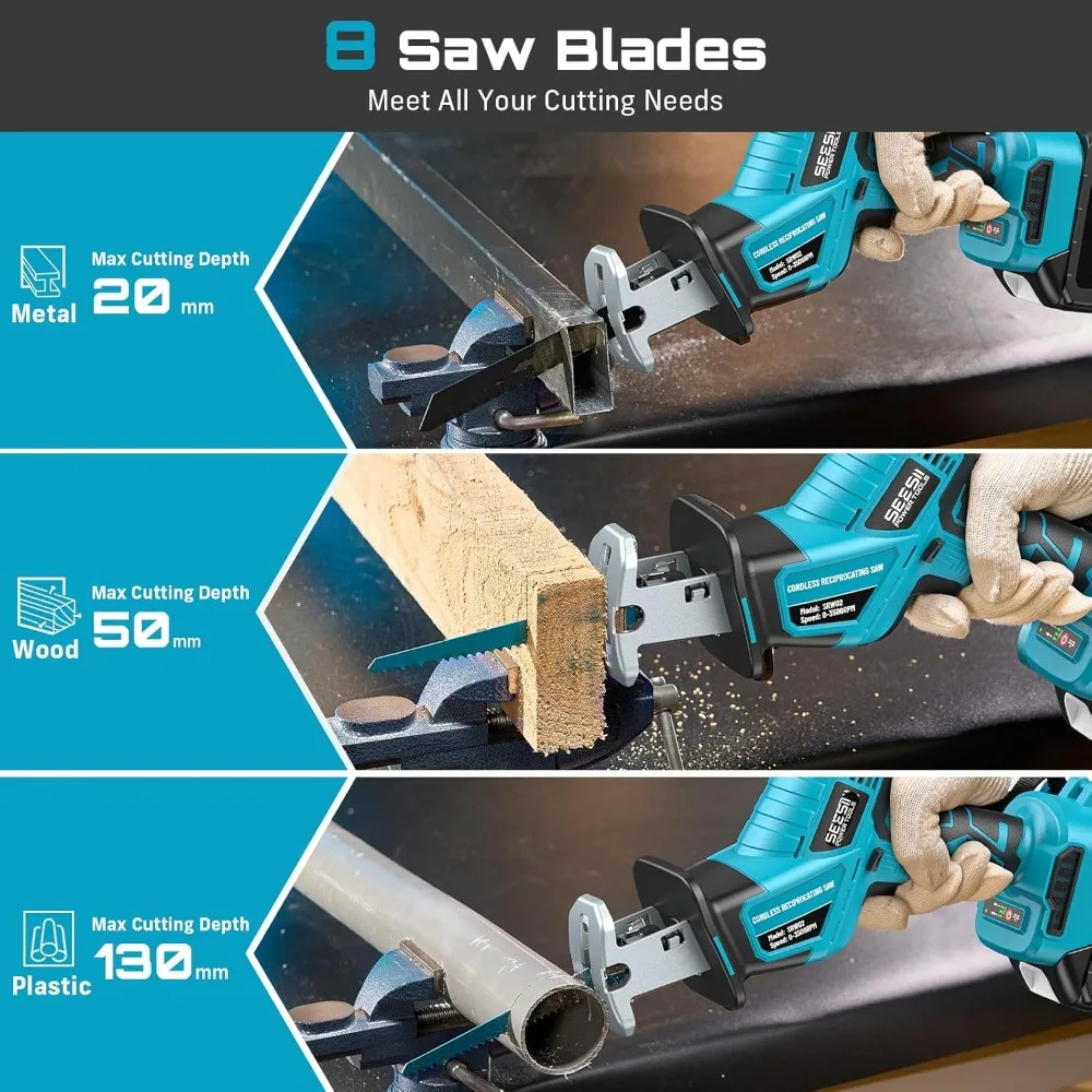 Cordless Reciprocating Saw with 3500 RPM Brushless Motor, 8 Blades, 2 Batteries, LED Light for Wood PVC Cutting