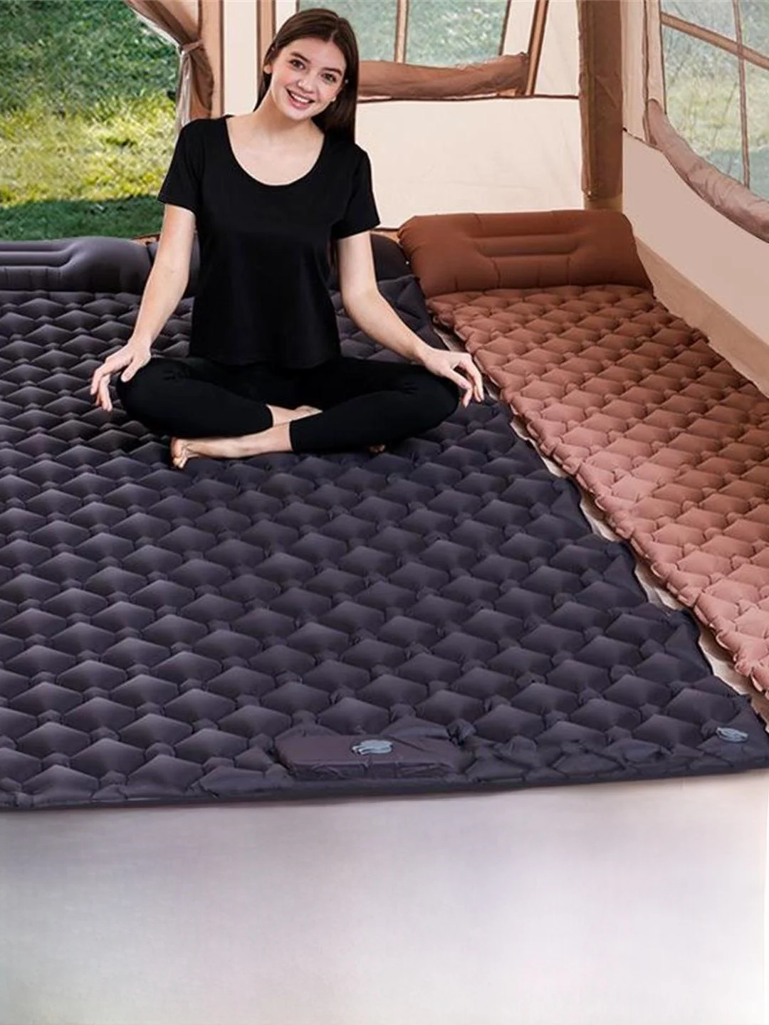 Portable Outdoor Camping Inflatable Mattress Foot Operated TPU Diamond Patterned Bed with Pillow Sleep Pad for Hiking And Travel