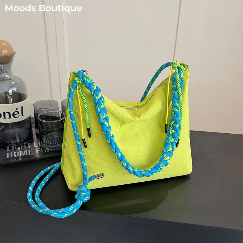 

2026 Summer Latest Shoulder Tote Bags For Women Knitted Shoulder Straps Nylon Pure Color Large Capacity Shopping Cross Body Bag