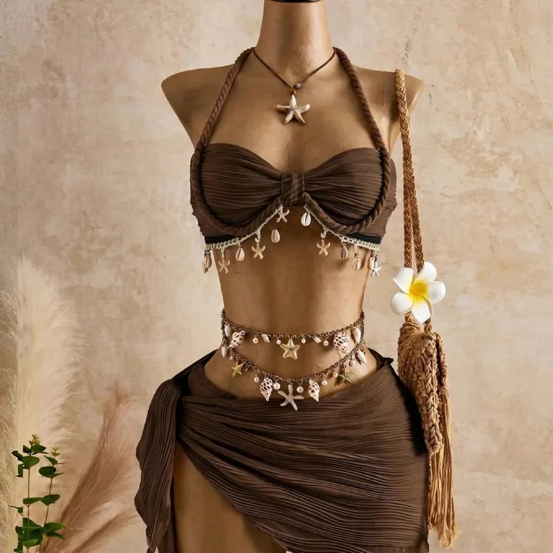 3pcs Bikini Set Women Push Up Swimsuit Brown Halter Swimwear Cover Up Skirt Brazilian Beachwear Bathing Suit Summer