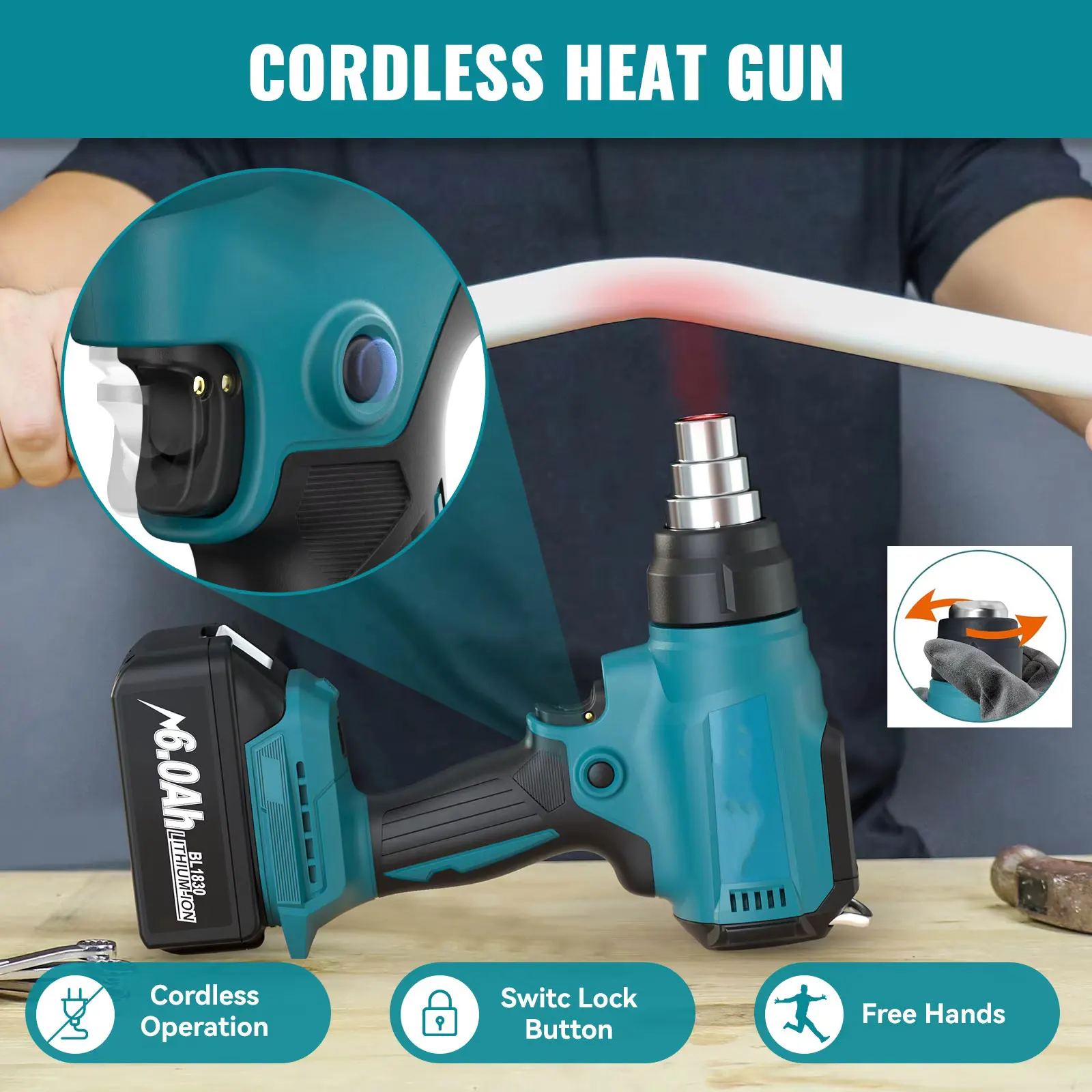 18 В тепловая пушка, инструмент для термоусадочной упаковки, фен, сушилка воздуха, паяльная тепловая вентилятор со светодиодным дисплеем, только инструмент, без батареи