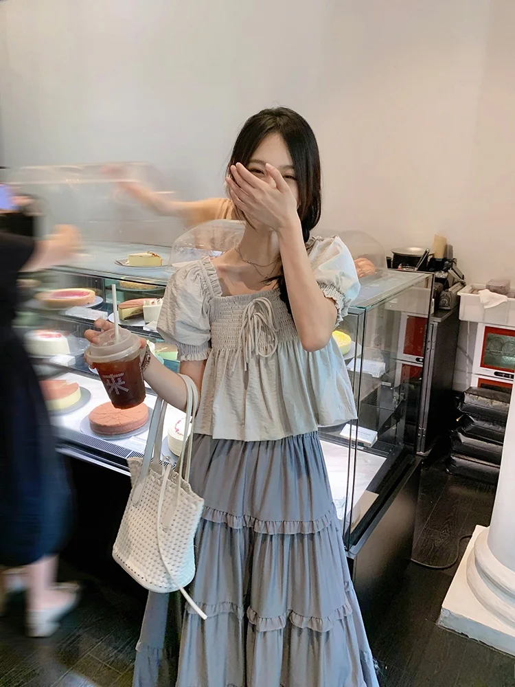 

Женский топ с плиссированным квадратным воротником и рукавами-фонариками, с узлом, прямого кроя, из полиэфирного волокна