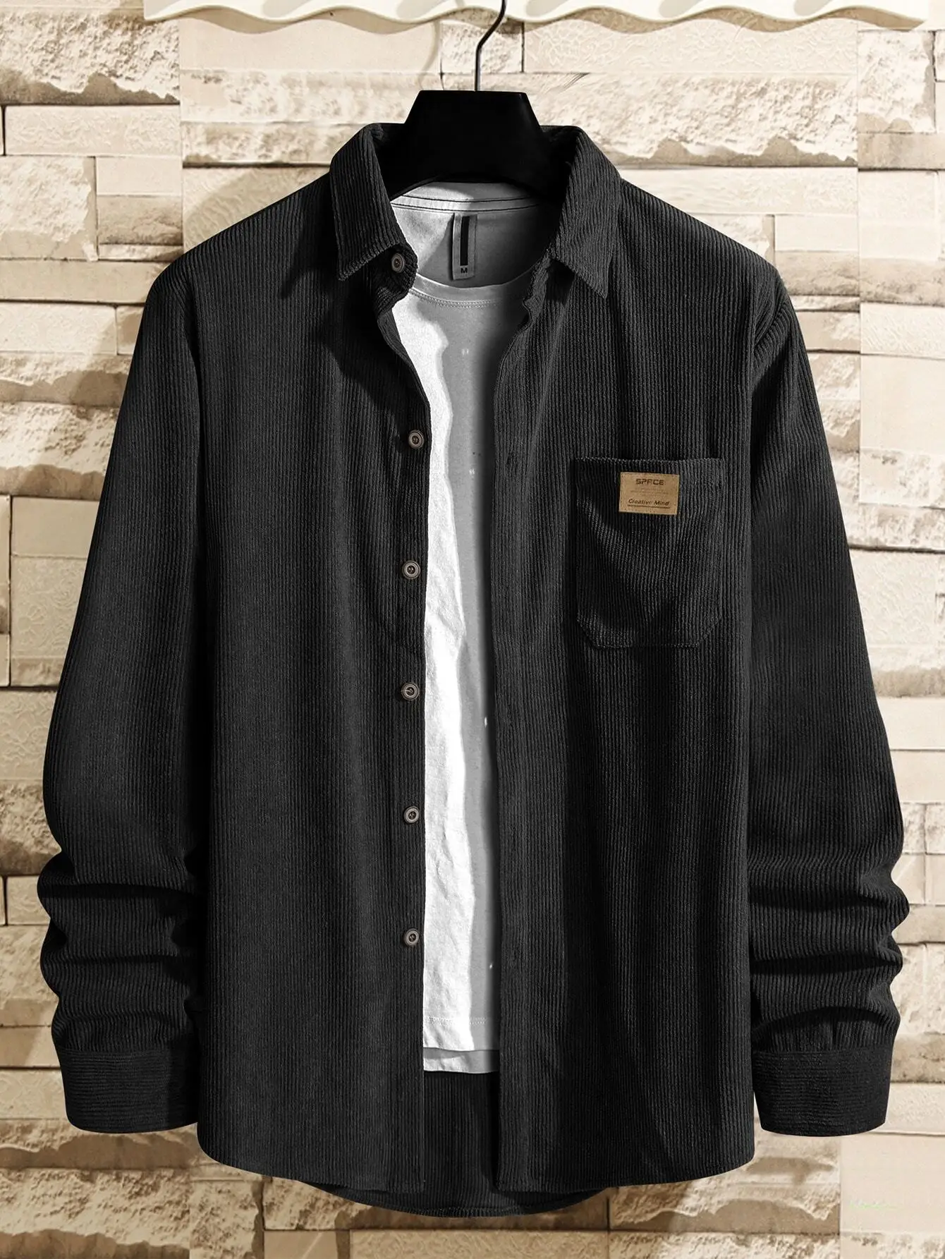 

Men's Loose Fit Solid Corduroy Shirt, Long Sleeve Casual Top for Fall Winter