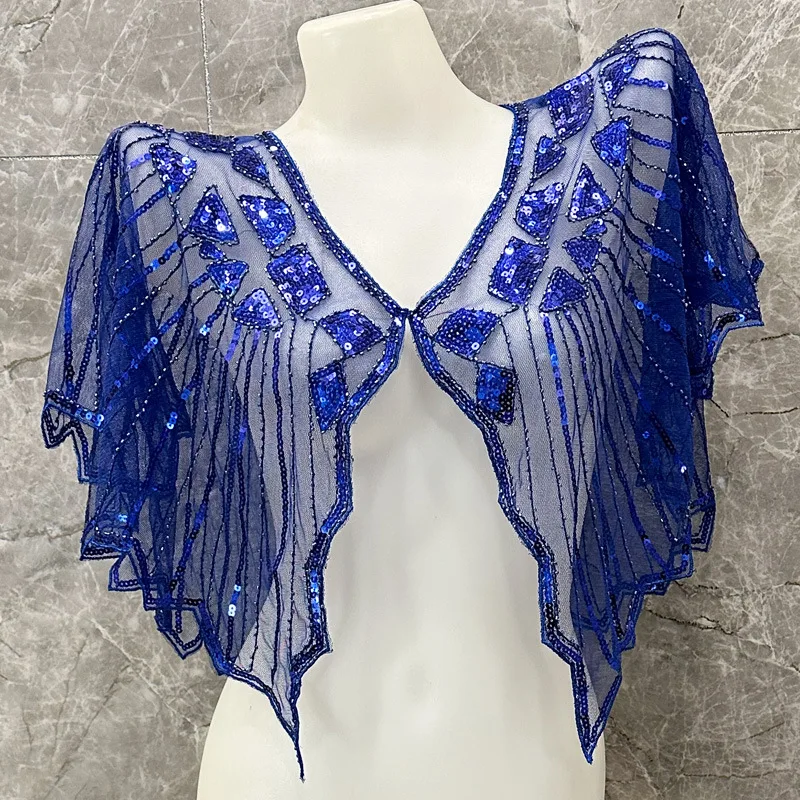 여성용 멀티 컬러 레트로 스팽글 페르시 숄 연회 이브닝 드레스 스몰 조끼 숄 레트로 스팽글 메쉬 스팽글 v 넥