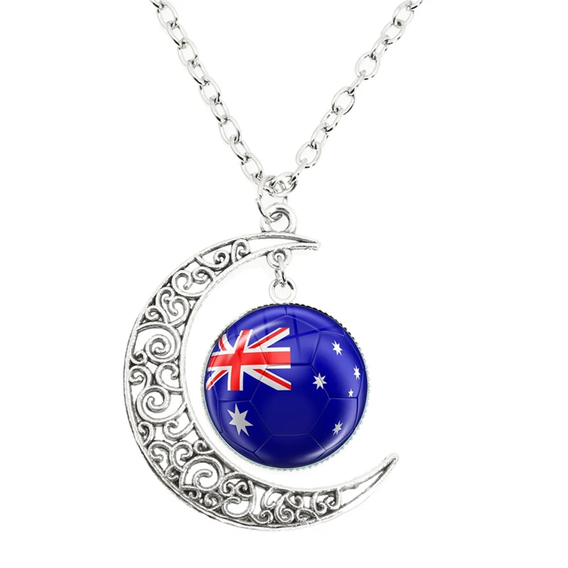 Fashion Football Print Glass Pendant Moon Necklace Egypt Panama Morocco Mexico National Flag Women Men Gift Jewelry