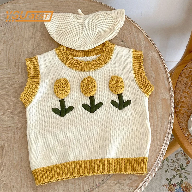 

Autumn Infant Baby Girls Sleeveless Cute Flower Vest Cardigan Coat Sweet Kids Baby Girls Knitted Cotton Cardigan Coat