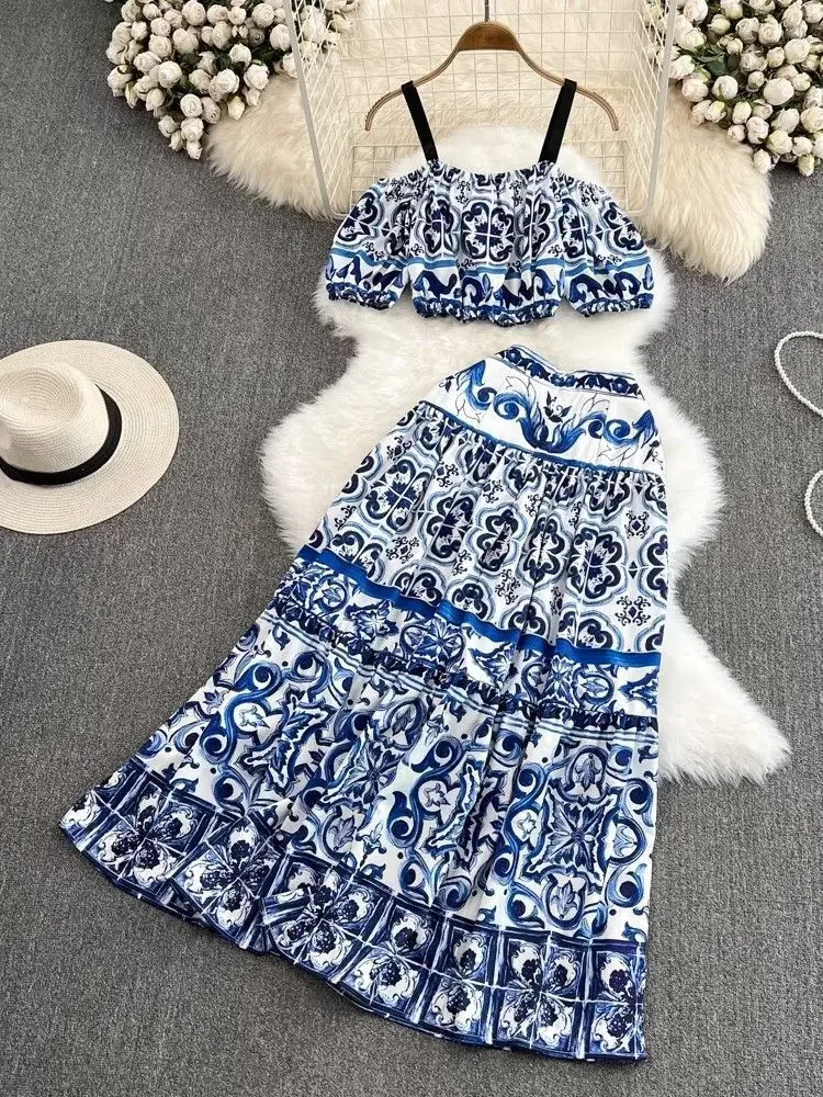 

TRAF Summer Runway Holiday Blue and White Porcelain Print Two Piece Set Women Short Sleeve Strap Elastic Top＋Maxi Skirts Suit