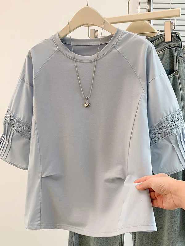 

Летняя новинка: женская футболка в корейском стиле с кружевной отделкой, коротким рукавом, омолаживающим эффектом, больших размеров, повседневная, свободного кроя, из хлопка.