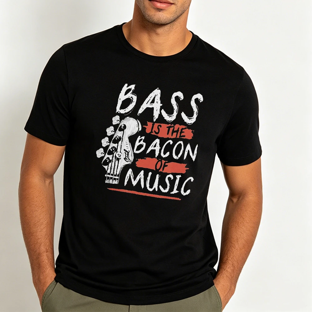 Bass Guitar Graphic Tee Bass Is The Bacon Of Music Vintage Print Men T Shirt Casual Tops Bass Players Streetwear Short Sleeve