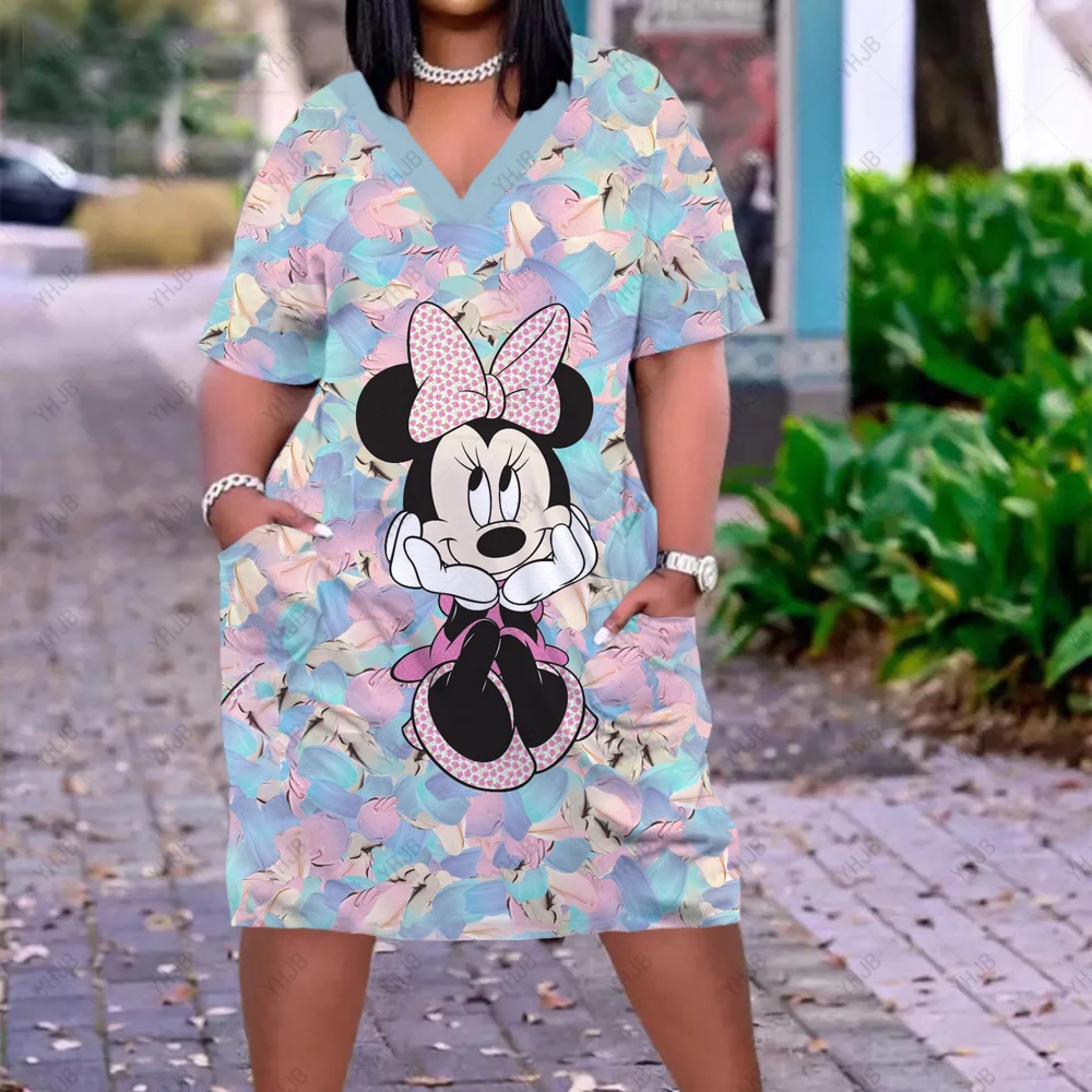 ฤดูร้อนลำลองขาสั้นแขน V คอชุดผู้หญิงหลวม Disney Minnie Mickey Mouse 3D Sundress Casual Grace สุภาพสตรีชุดสำนักงาน