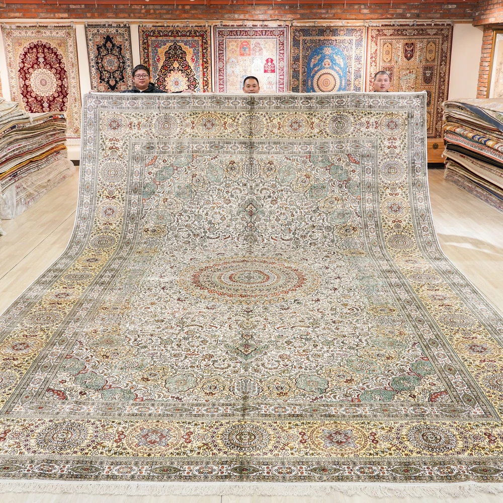 366x549cm Large White Handknotted Sik Carpet Medallion Living Room Huge Villa Rug