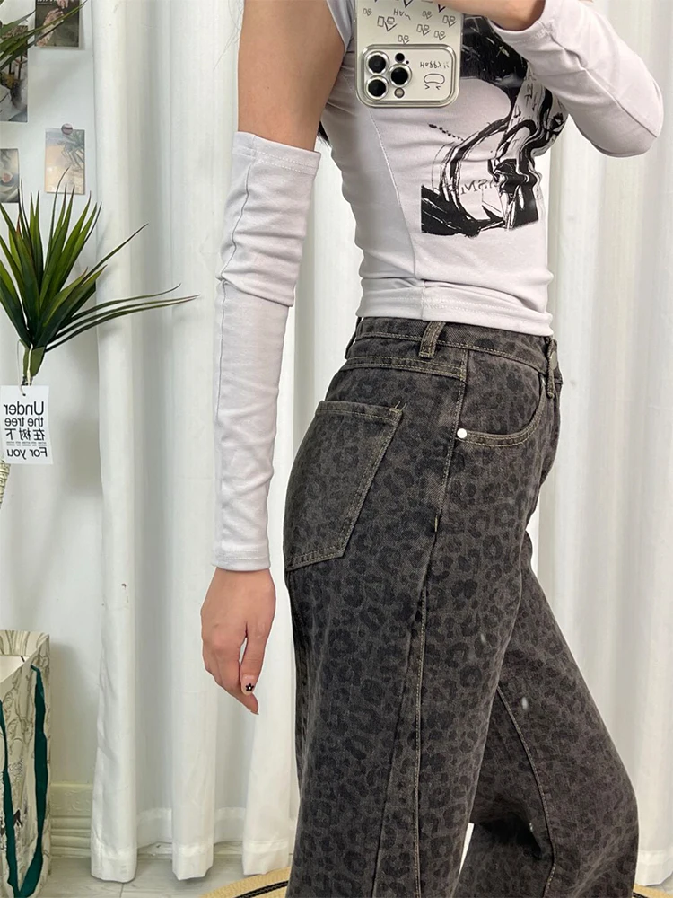 Retro Leopard Print Bell Bot Jeans Women's Slimming High Waist Denim Pants Autumn Winter New Sle for Pear aped Body