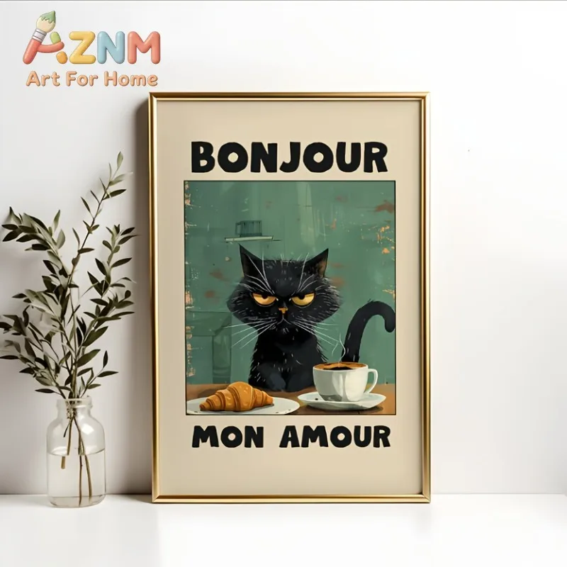 1 póster de Le Chat Noir, obra de arte de desayuno con gato negro "Green Bonjour Mon Amour", pintura moderna sobre lienzo sin marco, decoración de interiores.