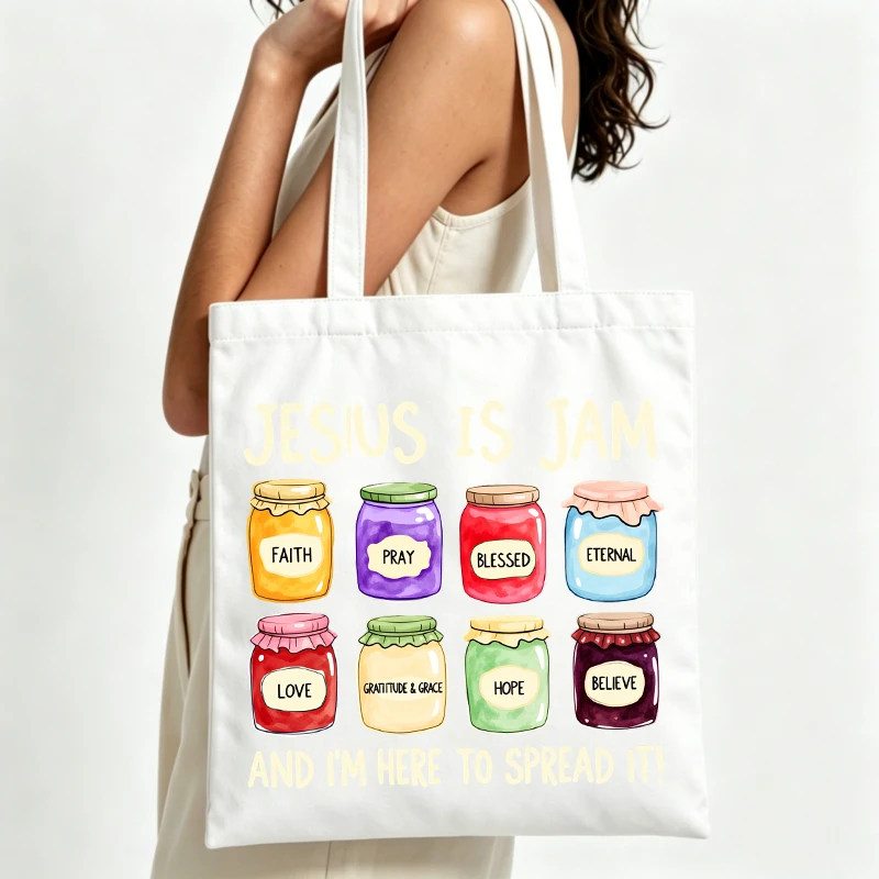 Women's jar and letter print canvas tote bag with casual style, perfect for daily shopping and casual outings
