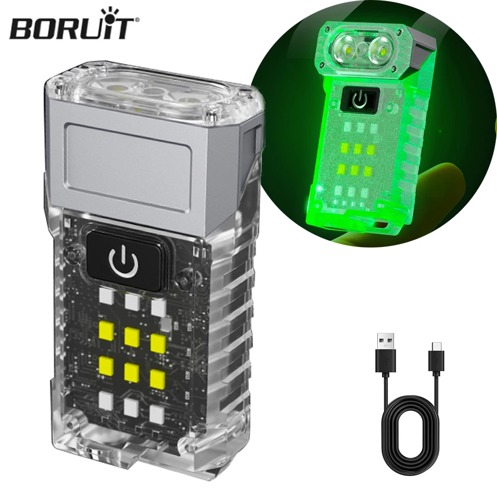 BORUiT EDC Flashlight Keychain Magnetic Torch UV Light USB-C Rechargeable LED Work Light Camping Fishing Torch Emergency Lamp