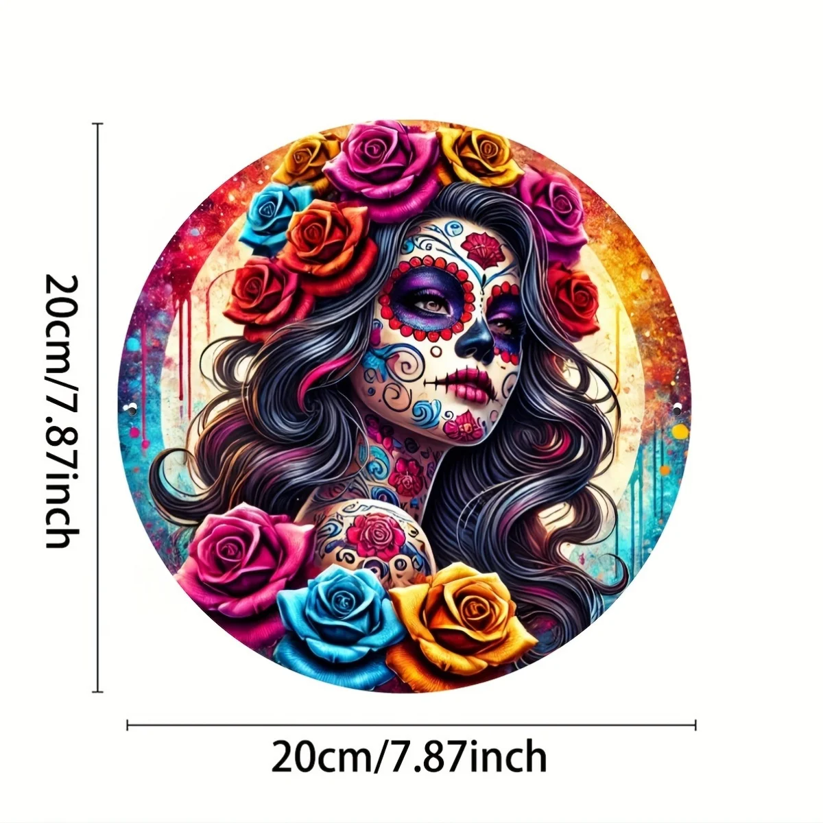 2D Flat, 2D Flat - 1 Vibrant Mexican Sugar Skull Art Round Aluminum Sign, 20.32x20.32cm Watercolor Design with Colorful Roses, P