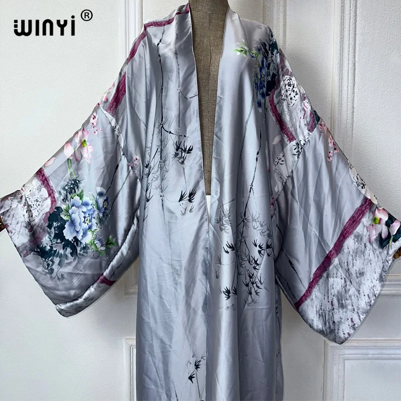 WINYI summer kimono Africa print beach wear women Swim Suit elegant African women boho Cardigan sexy Holiday silk feeling dress