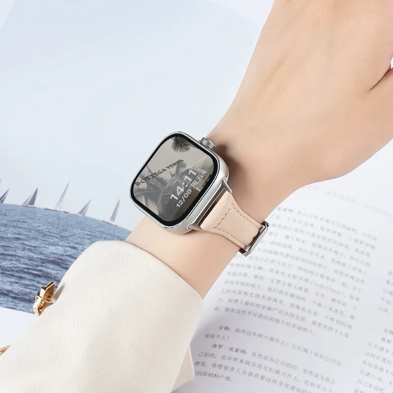 Apple Watch用スリムレザーストラップ,44mm, 40mm, 41mm, 42mm, 38mm, 49mm, 44mm, 8mm,45mm,ウルトラ9,7 se,3, 4, 6