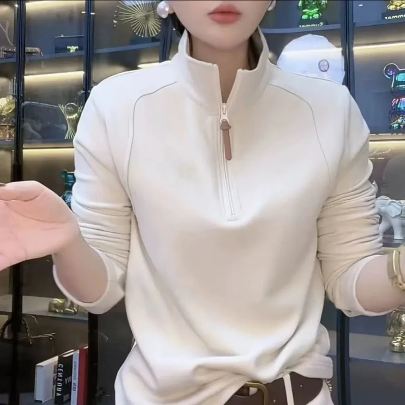 

New Long-sleeved Zipper German Velvet Thickened Stand-up Collar High Collar Versatile Autumn and Winter Thickened Bottoming Top