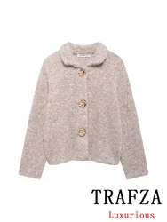 TRAFZA Vintage Casual Chic Women Fur Sweater Flower Button Solid Long Sleeve Knit Cardigans Fashion 2024 Autumn Winter Sweater