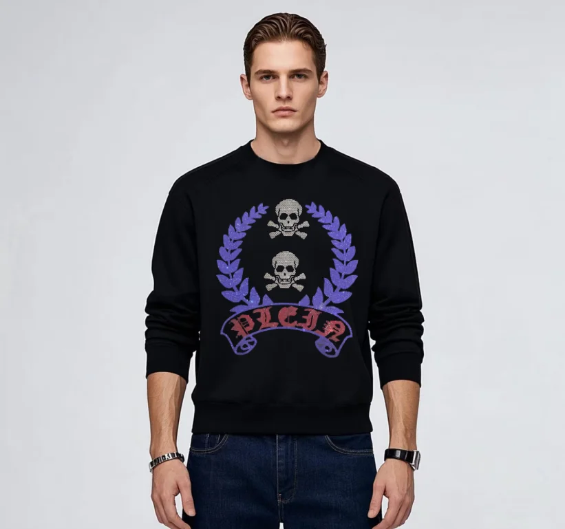 Trendy Brand Designer Men Rhinestone Sweatshirt Soft Cotton Fabric Long Sleeve Casual Fashion Top with Rhinestone Accents