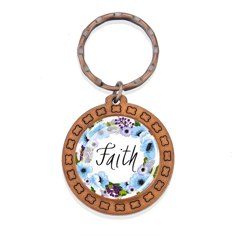 Wooden Bible Pendant Key Ring Christian Bible Spiritual Guide Glass Convex Pendant Key Ring for Bible Lovers Church Souvenirs