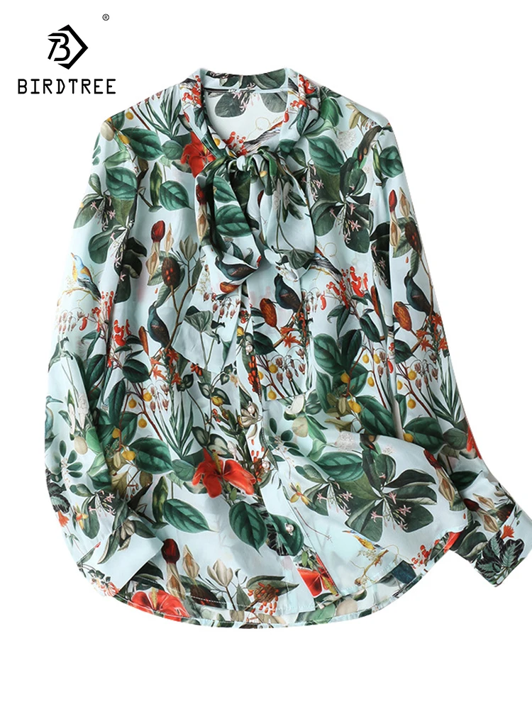 Birdtree 100%Real Silk Vintage Shirt For Women Printed Long Sleeve Office Lady Loose Fashion Shirt Spring Autumn New T3N232QC