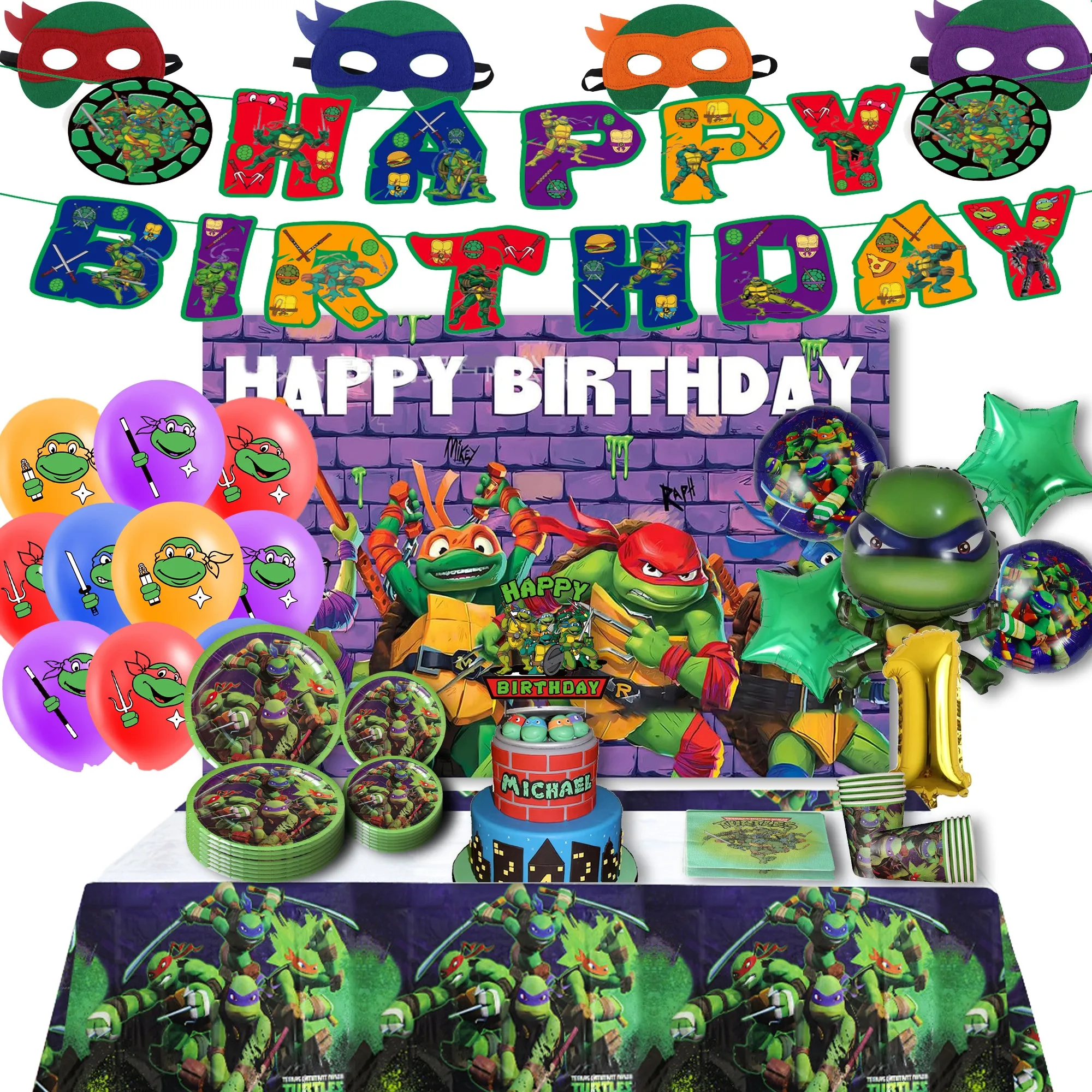 Teenage Mutant Ninja Turtles Birthday Party cake plate Disposable Banner Cake Topper Hanging Flag Balloons Birthday Decorations