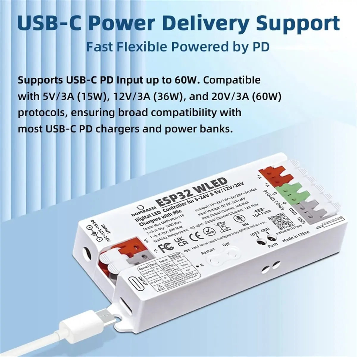 ESP32 WLED Controller with Mic Dual 5-24V DC Input, 16A Fuse for WS2811 WS2812B WS2805 SK6812 APA102 PD Power