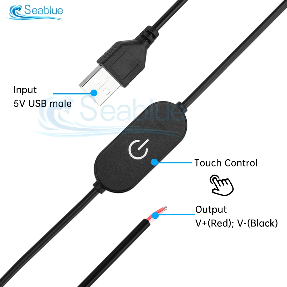 12V-24V 5V USB Touch Dimming Switch Cable 1.5M USB 2A to 2 Wire Output Dimmer Controller for Single Channel LED Strip Lights