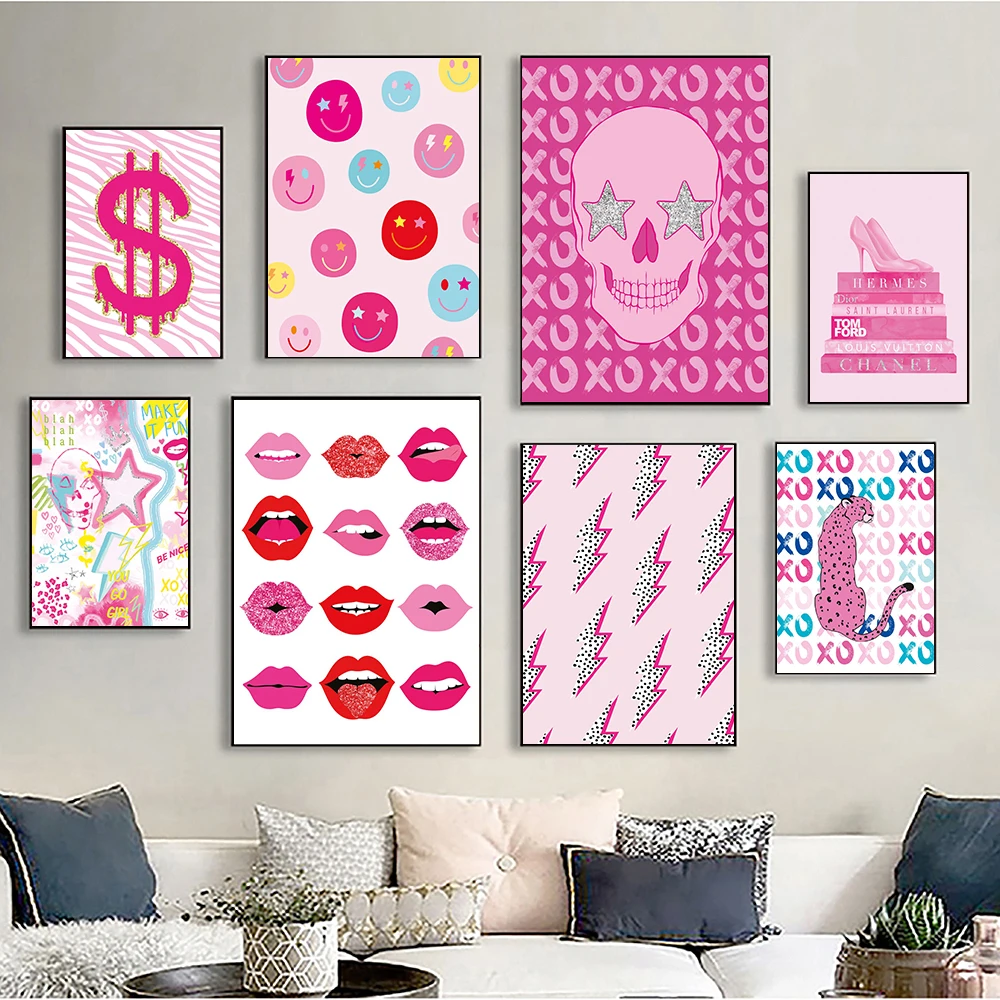 Pink Abstract Graffiti Wall Art Poster Print Picture Cheetah Lightning Lips Dollar Sign Canvas Painting Living Room Home Decor