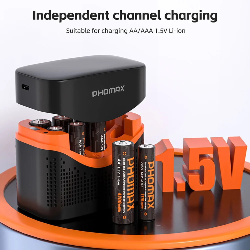 PHOMAX 8-Slot Smart Fast-Charging Charger 1.5V AA/AAA 4200mWh/1110mWh Lithium Battery Rechargeable Batteries Remote Control Toy