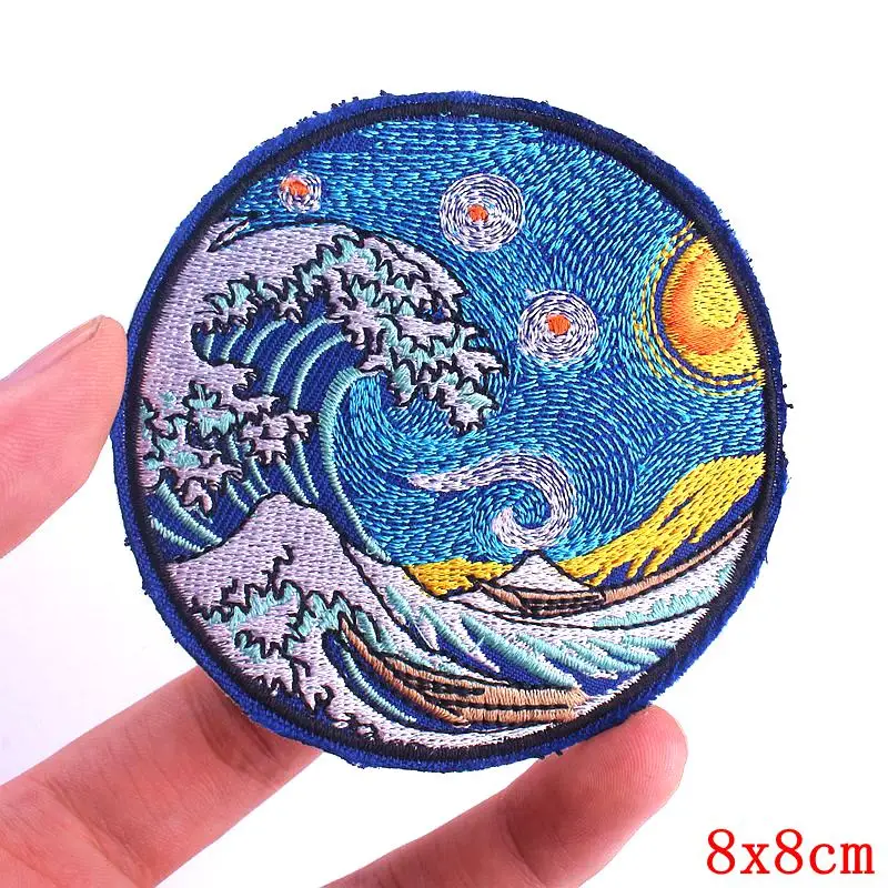 Sun Moon Wave Van Gogh Patches for Clothing Ocean Dolphin Cute Lucky Fish Iron on Patches Outdoor Embroidery Patches On Clothes view 2